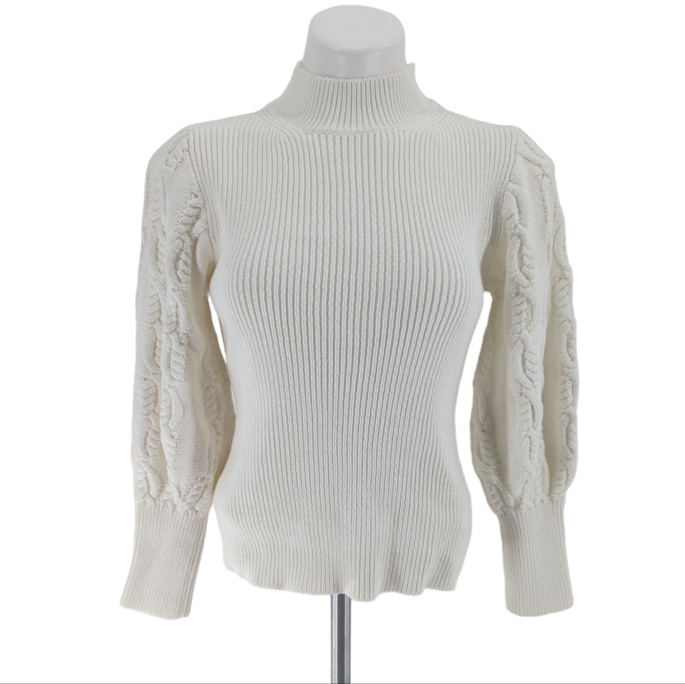 Cable Stitch Cable Knit Balloon Sleeve Sweater Ivory Size XS